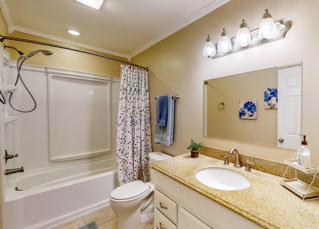 full bathroom featuring tile patterned floors, toilet, ornamental molding, vanity, and shower / bath combo with shower curtain