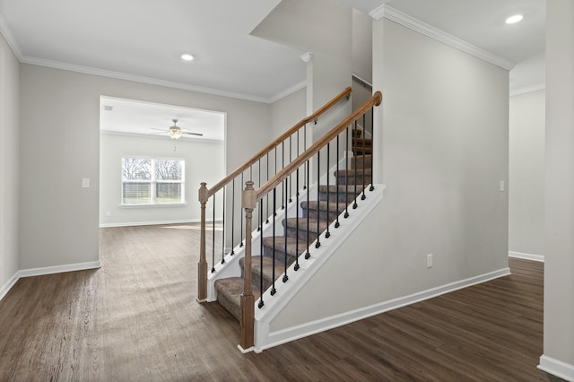 stairs featuring hardwood / wood-style flooring, ceiling fan, and crown molding