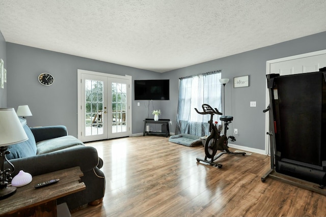 exercise area featuring a wealth of natural light, baseboards, wood finished floors, and french doors