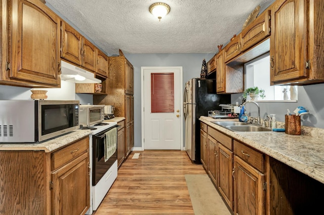 kitchen featuring white electric range oven, stainless steel microwave, light wood-style floors, a sink, and under cabinet range hood