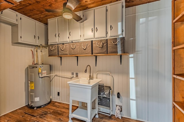 washroom featuring cabinet space, dark wood finished floors, wooden ceiling, ceiling fan, and electric water heater