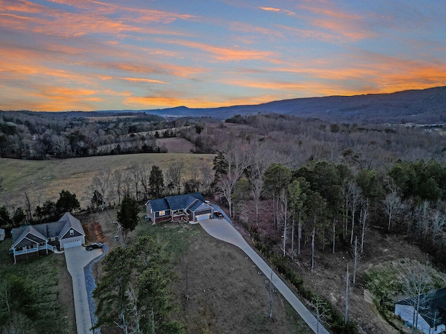 drone / aerial view with a mountain view and a wooded view