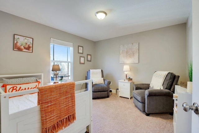 bedroom with light colored carpet