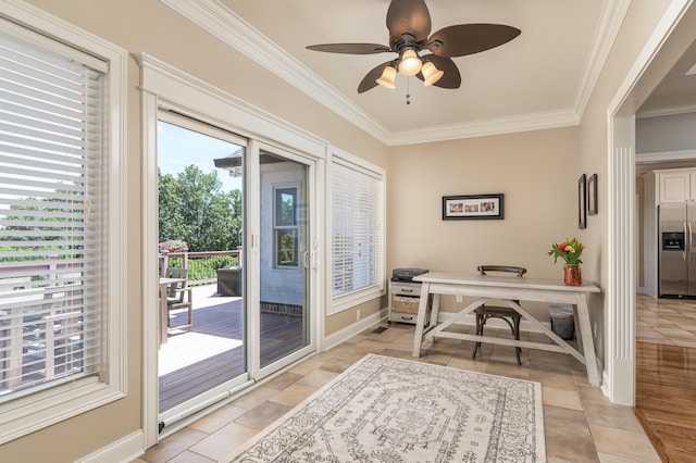 tiled home office featuring ceiling fan and ornamental molding