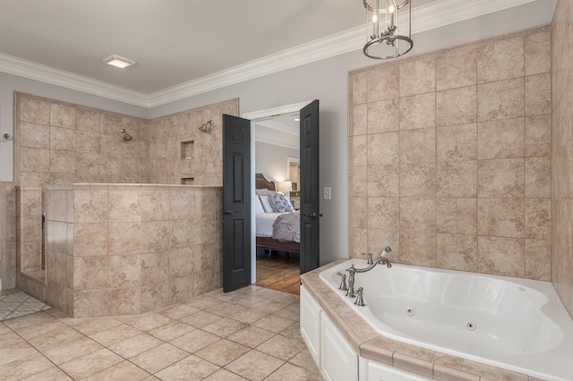 bathroom featuring crown molding, tile patterned flooring, and independent shower and bath