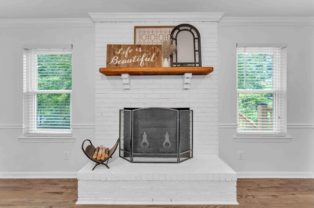 6833 Buck Trail Dr, Harrison, TN 37341 - detailed view of ornamental molding, wood finished floors, a fireplace, and baseboards