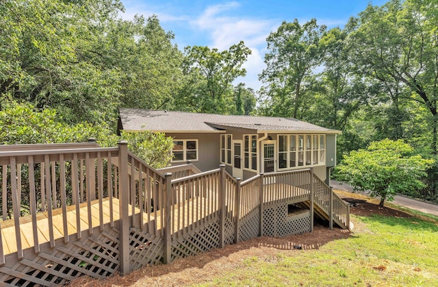 6833 Buck Trail Dr, Harrison, TN 37341 - rear view of house featuring stairs, a deck, a sunroom, and a shingled roof