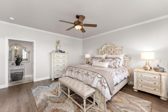 bedroom featuring dark wood-type flooring, ceiling fan, and ornamental molding