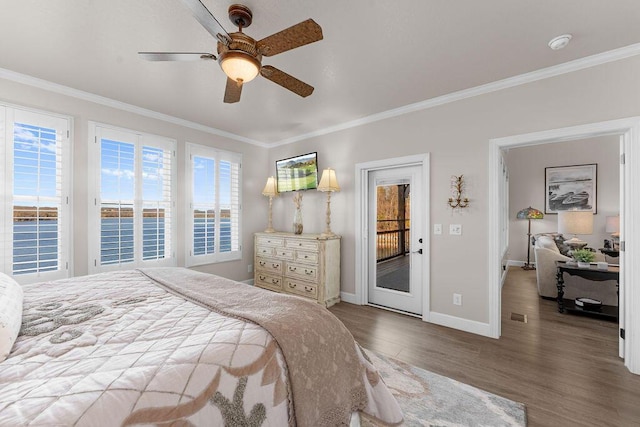 bedroom featuring crown molding, wood-type flooring, access to exterior, and ceiling fan