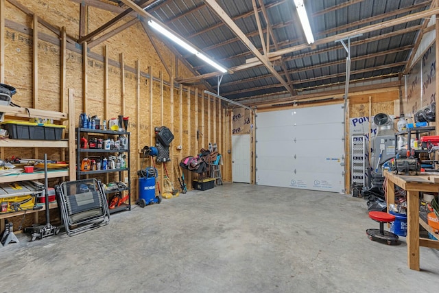 garage with a workshop area