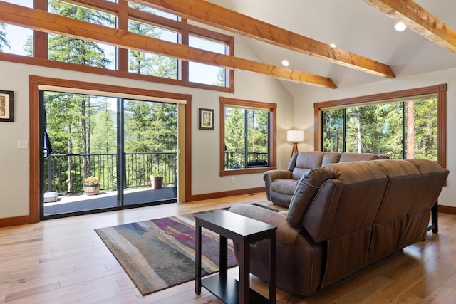 living room with plenty of natural light, high vaulted ceiling, beam ceiling, and light hardwood / wood-style floors