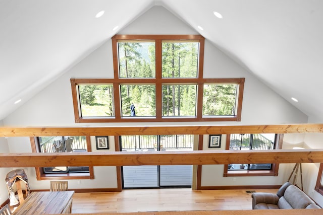 living room with high vaulted ceiling and light hardwood / wood-style flooring