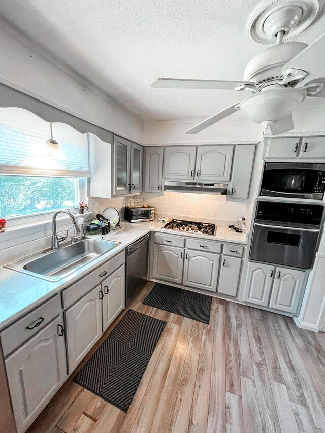 kitchen with stainless steel appliances, a sink, light wood-style flooring, and under cabinet range hood