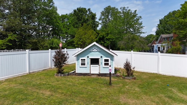 view of outbuilding with an outdoor structure and a fenced backyard