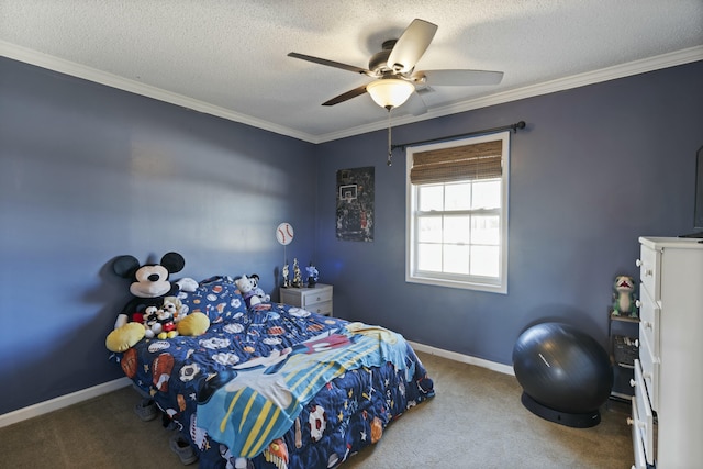 carpeted bedroom with baseboards, a ceiling fan, a textured ceiling, and crown molding