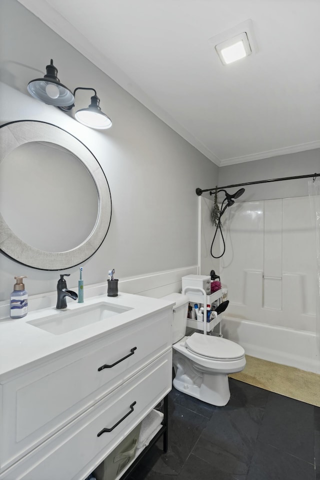 bathroom with vanity, washtub / shower combination, crown molding, and toilet