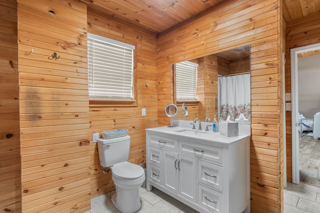 bathroom with tile patterned flooring, vanity, wooden ceiling, and wooden walls