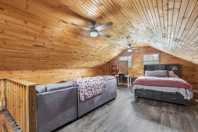 bedroom featuring ceiling fan, vaulted ceiling, wooden walls, wood ceiling, and hardwood / wood-style flooring