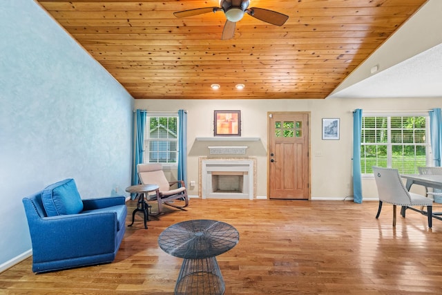 7510 Hewitt Ln, Chattanooga, TN 37421 - living area featuring plenty of natural light, wooden ceiling, a fireplace, wood finished floors, and a ceiling fan