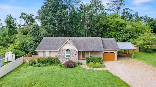 7510 Hewitt Ln, Chattanooga, TN 37421 - ranch-style house with gravel driveway, stone siding, a garage, a carport, and roof with shingles