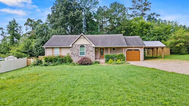 7510 Hewitt Ln, Chattanooga, TN 37421 - single story home with a garage, dirt driveway, stone siding, and a shingled roof