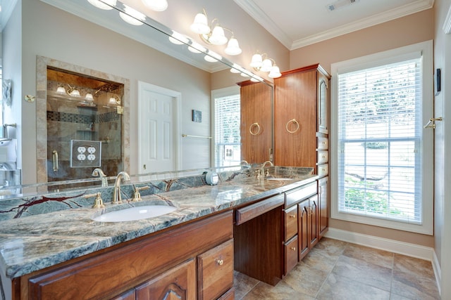 bathroom with vanity, walk in shower, and crown molding