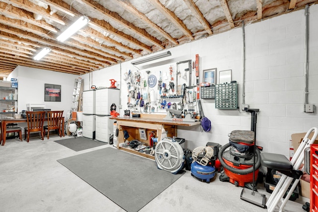 basement with a workshop area