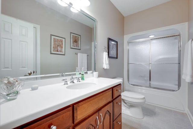 full bathroom with vanity, toilet, and enclosed tub / shower combo