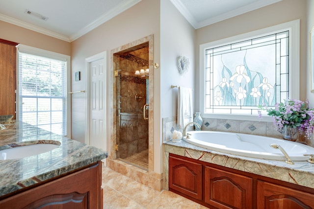 bathroom with crown molding, tile patterned flooring, vanity, and shower with separate bathtub