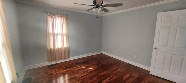 unfurnished room featuring ceiling fan, dark hardwood / wood-style flooring, and ornamental molding