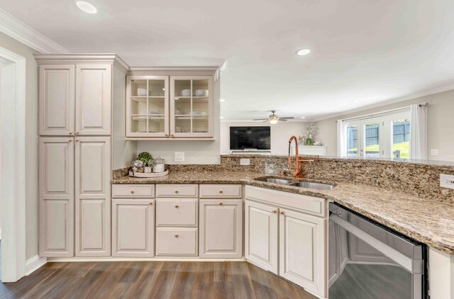 1732 Brookwood Dr NE, Cleveland, TN 37323 - kitchen with a sink, wood finished floors, light stone counters, ceiling fan, and stainless steel dishwasher
