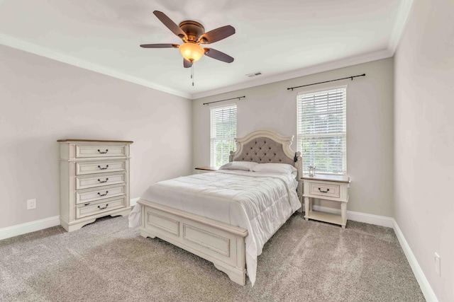 1732 Brookwood Dr NE, Cleveland, TN 37323 - bedroom featuring light colored carpet, visible vents, crown molding, a ceiling fan, and baseboards