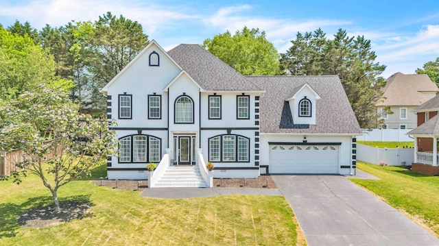 1732 Brookwood Dr NE, Cleveland, TN 37323 - view of front facade featuring fence, driveway, a garage, a front lawn, and a shingled roof