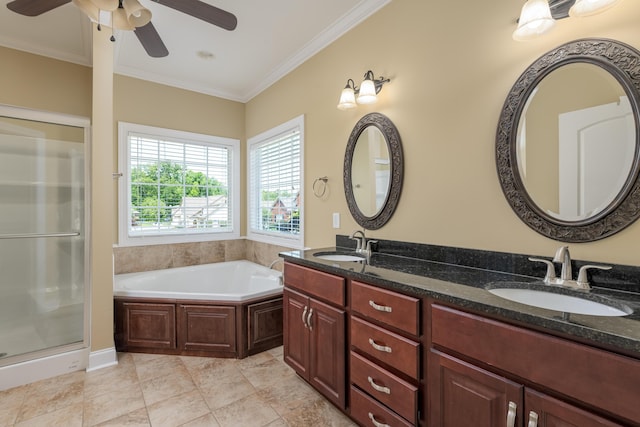full bath with a garden tub, a sink, a ceiling fan, and ornamental molding