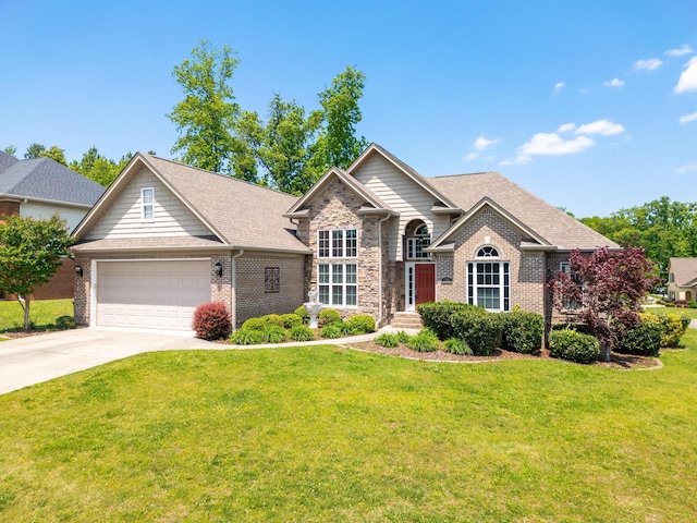 ranch-style house featuring a garage, a front lawn, brick siding, a shingled roof, and driveway