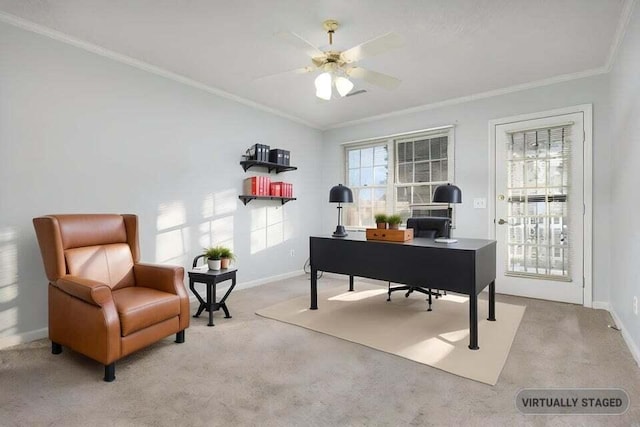 office area featuring carpet floors, baseboards, ornamental molding, and ceiling fan