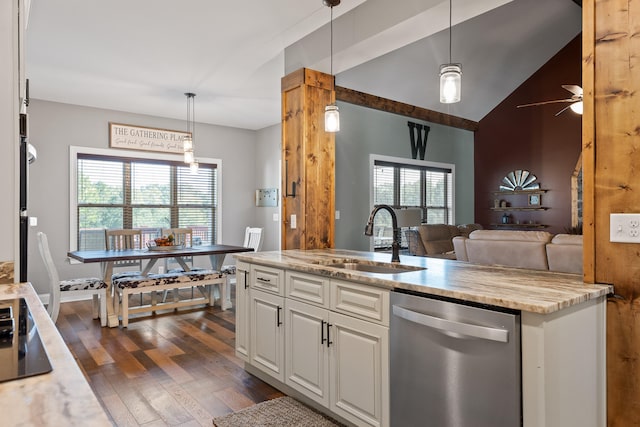 kitchen featuring hanging light fixtures, dark hardwood / wood-style floors, stainless steel dishwasher, and plenty of natural light