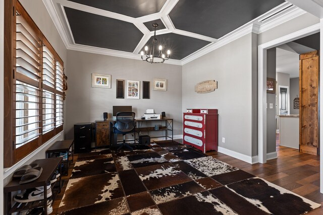 office space with coffered ceiling, crown molding, dark wood-type flooring, and an inviting chandelier