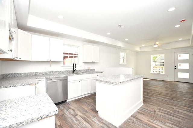 1903 Sharp St, Chattanooga, TN 37404 - kitchen featuring stainless steel dishwasher, a raised ceiling, a sink, a ceiling fan, and dark wood-style floors