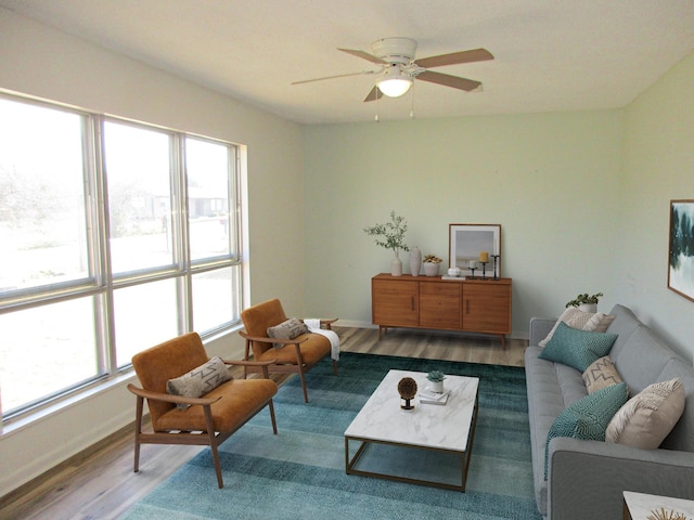 living room featuring ceiling fan and wood-type flooring