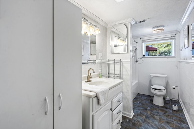 7209 Anthem Trl, Birchwood, TN 37308 - bathroom with tile walls, vanity, tub / shower combination, crown molding, and a textured ceiling