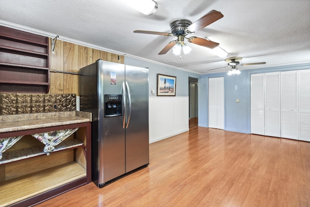 7209 Anthem Trl, Birchwood, TN 37308 - kitchen featuring stainless steel refrigerator with ice dispenser, open shelves, ceiling fan, a textured ceiling, and crown molding