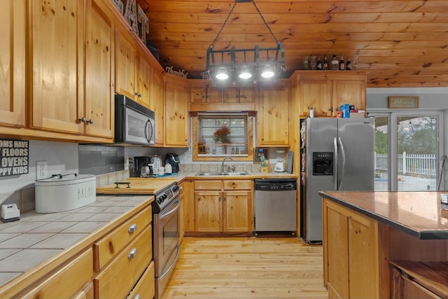 kitchen featuring sink, stainless steel appliances, backsplash, wood ceiling, and light wood-type flooring