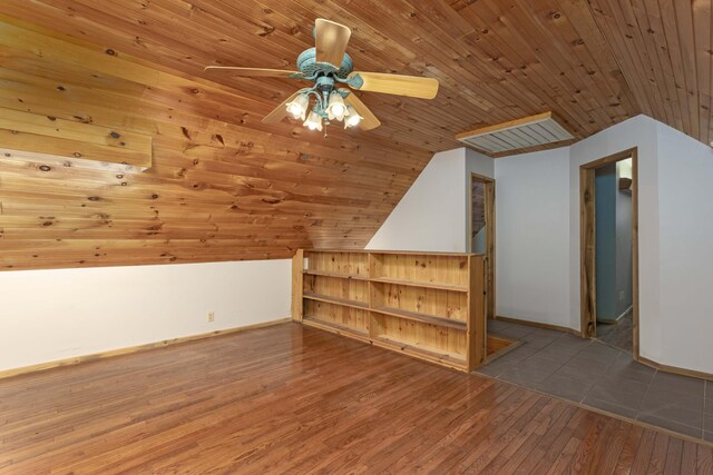 additional living space with light hardwood / wood-style flooring, ceiling fan, lofted ceiling, and wood ceiling