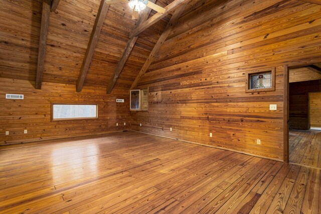 bonus room featuring hardwood / wood-style flooring, vaulted ceiling with beams, wood ceiling, and wooden walls