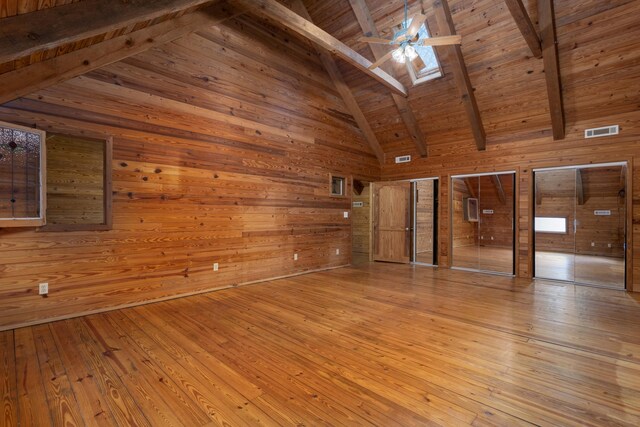 interior space with wood walls, light hardwood / wood-style flooring, a skylight, beamed ceiling, and wood ceiling