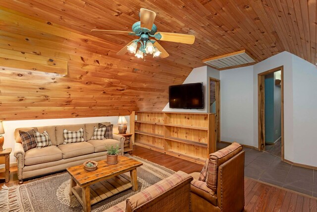 living room with ceiling fan, wood ceiling, lofted ceiling, and wood-type flooring