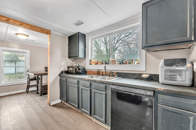 kitchen with dishwasher, sink, gray cabinetry, and light wood-type flooring