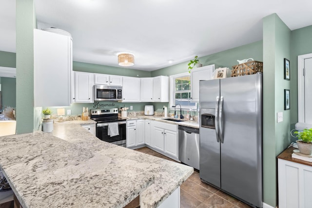 kitchen featuring stainless steel appliances, white cabinets, a sink, and a peninsula