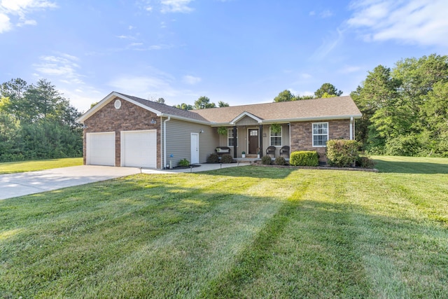 ranch-style house featuring a garage, covered porch, brick siding, concrete driveway, and a front yard